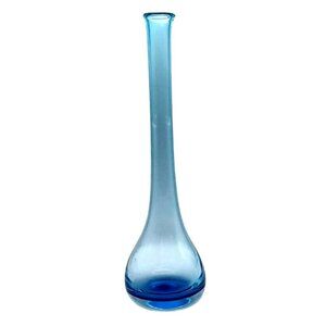 Krosno Poland Blue Hand Blown Art Glass Long Neck Beaker Style Bottle Vase
